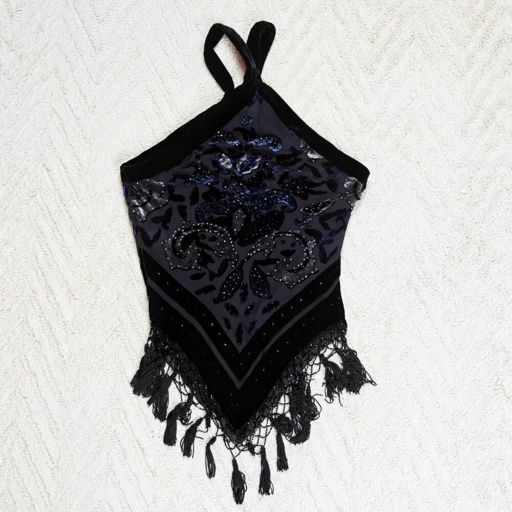 Y2K Black Silk Velvet Beaded Fairygoth Halter Top - Picture 2 of 8